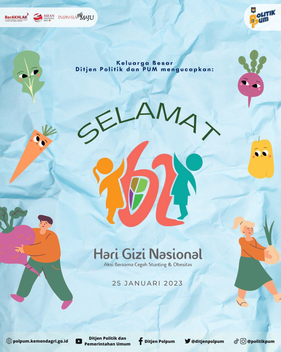 ditjenpolpum's tweet photo. Selamat Hari Gizi Nasional #sobatpolitik 

Mari bersama wujudkan generasi penerus bangsa yang bergizi seimbang,sehat dan bebas stunting!

#HariGiziNasional #GiziSeimbang #CegahStunting #akrabpolitik #SobatPolitik  #DitienPolitikdanPum https://t.co/Cn3IxGbC2Y