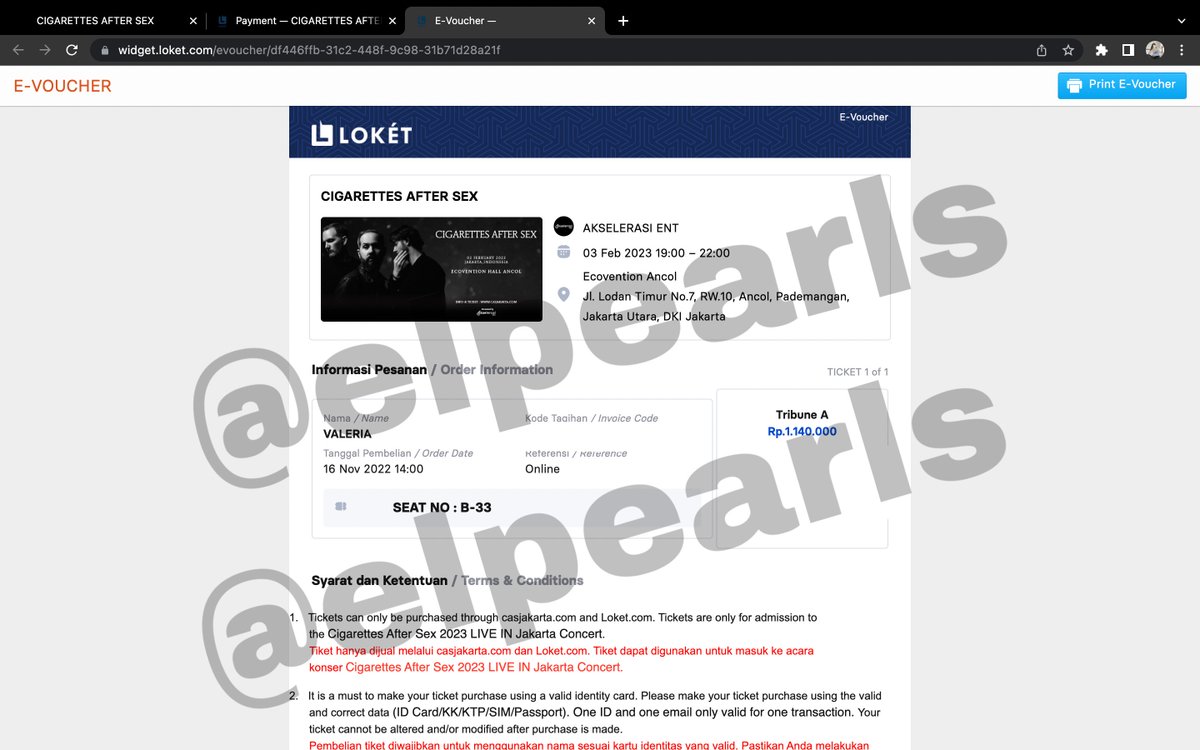 elpearls's tweet image. [ HELP RT ]
WTS ( Want to sell) Tiket Cigarettes After Sex (CAS)

TRIBUNE A Seat B-33
Rp. 1.100.000
Surat kuasa✅
Proof ticket✅
No scam ❌
serious buyer only❕
100% trusted, Nego? dm
#wts #wtb #zonauang️ #cigarettesaftersex #CAS #CigarettesAfterSexJKT #CASJkt #konserjakarta