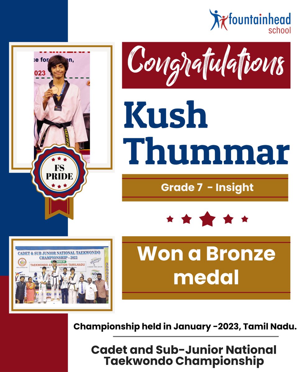 FSSurat's tweet photo. Kush Thummar of Grade 7 Insight has won Bronze medal in Cadet and Sub-Junior National Taekwondo Championship held in Tamil Nadu - January 2023
#FSHappenings #FSStudents #FSWay #FSpride #FSLife https://t.co/sBTqt0XArb