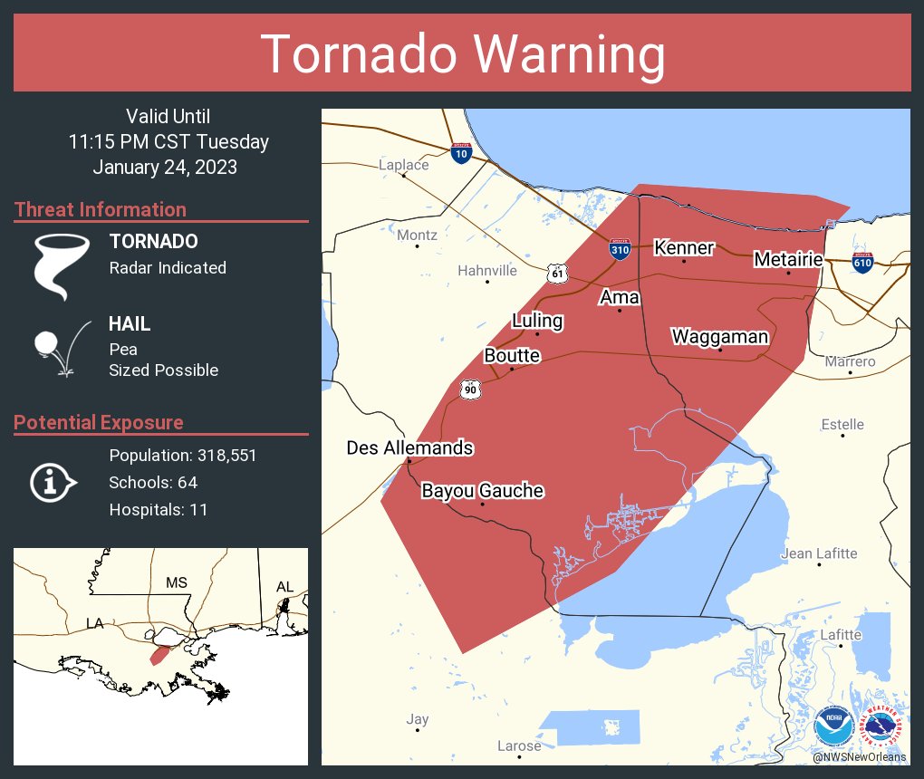 Tornado Warning including Metairie LA, Kenner LA and  River Ridge LA until 11:15 PM CST