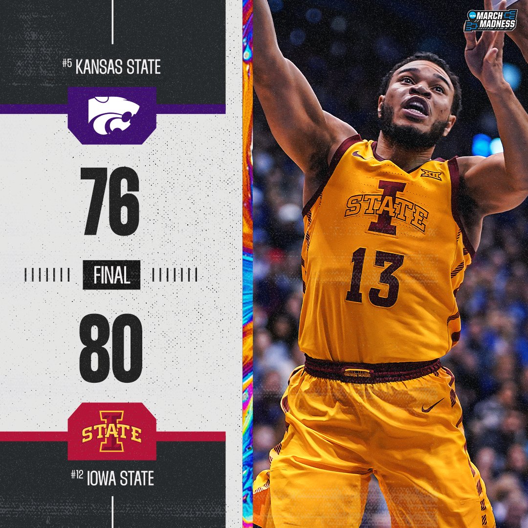 MarchMadnessMBB's tweet photo. NO. 12 IOWA STATE OUTLASTS NO. 5 KANSAS STATE 🔥

A late push from the Wildcats is not enough as the Cyclones hang on for the win in Ames 💪 https://t.co/wI2eoKYIjc