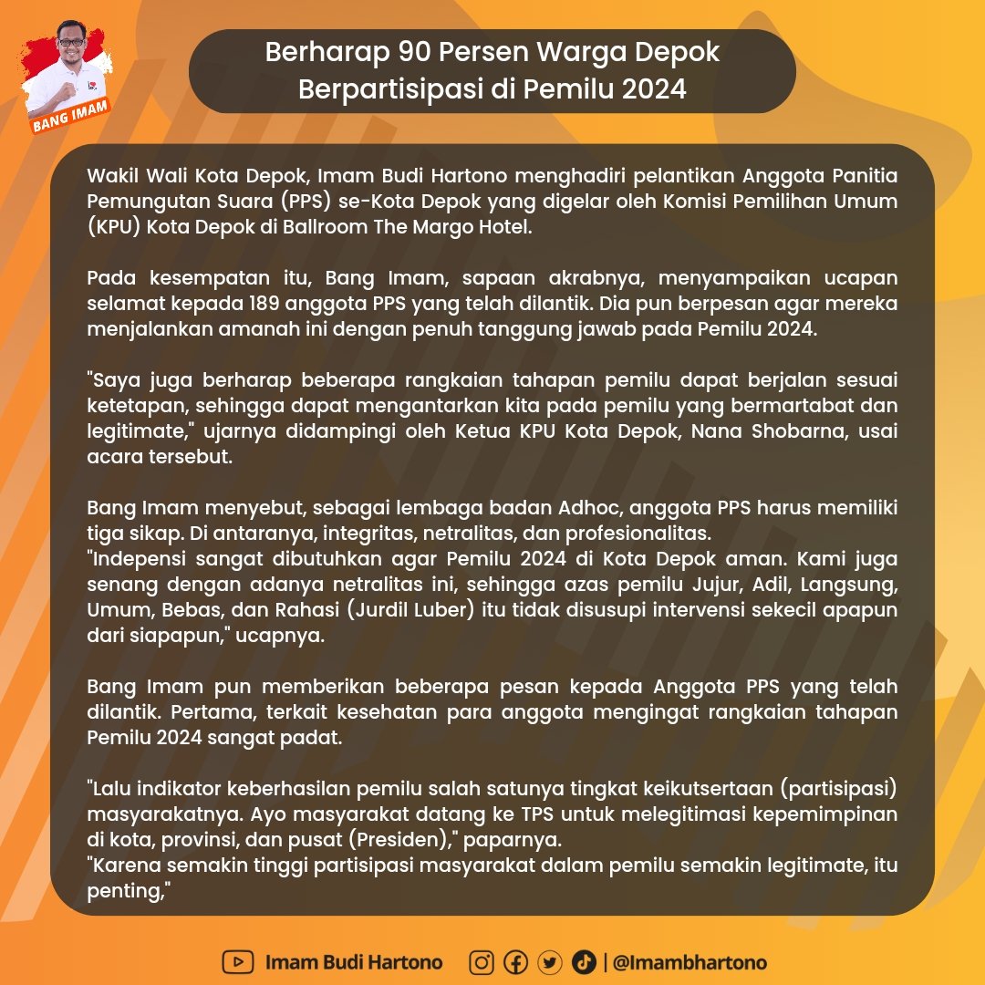 ImamBHartono's tweet photo. Saya memberikan beberapa pesan kepada Anggota PPS yang telah dilantik. Pertama, terkait kesehatan para anggota mengingat rangkaian tahapan Pemilu 2024 sangat padat.
#pps #panitapemungutansuara #kpu #kotadepok #ibh #bangimam #wakilwalikotadepok https://t.co/1aBY5mDwMx