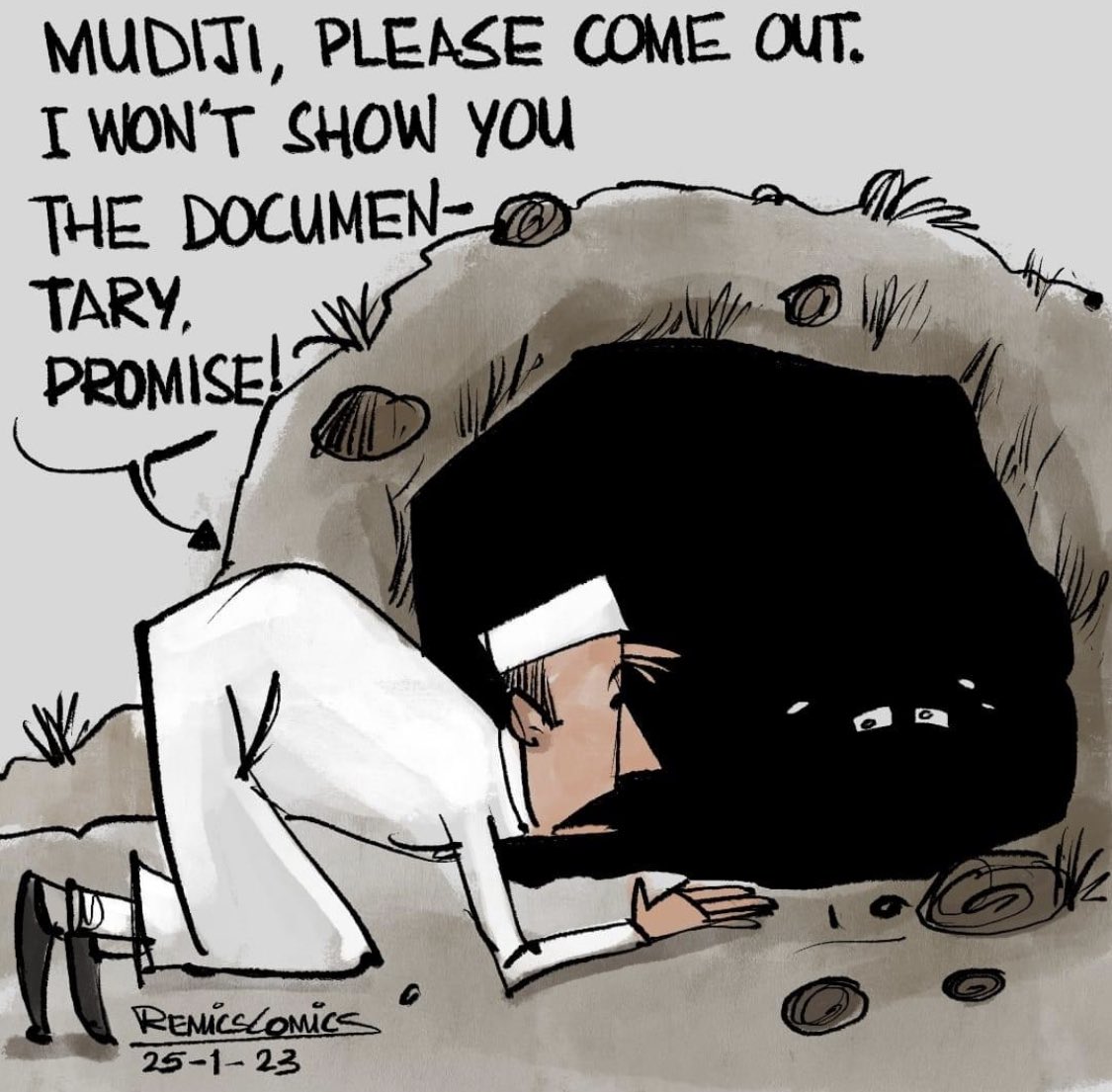 GuptaPragnya's tweet image. Illustrations speak volumes &amp;amp; louder than words.

A Modi of 56”, who said he’s a ‘Pathan ka baccha’, played with crocodiles, showed Lal ankh to God knows whom, said ghar me ghus ke marenge is today hiding in a pigeon hole fearing a BBC ghost.

#BBCDocumentary 
#modiDocumentary