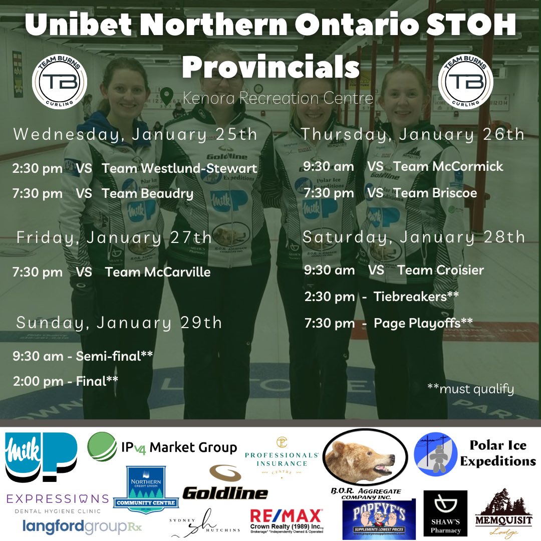 teamkburns's tweet photo. We are in Kenora, practiced and ready to go! We kick off provincials tomorrow at 2:30 pm Central vs Team Westlund-Stewart on Sheet E. All games will be live-streamed via curlingzone!

Scores can be found here: https://t.co/bWH5pylxdk

**all games are in Central time** https://t.co/dP5EAum9ik