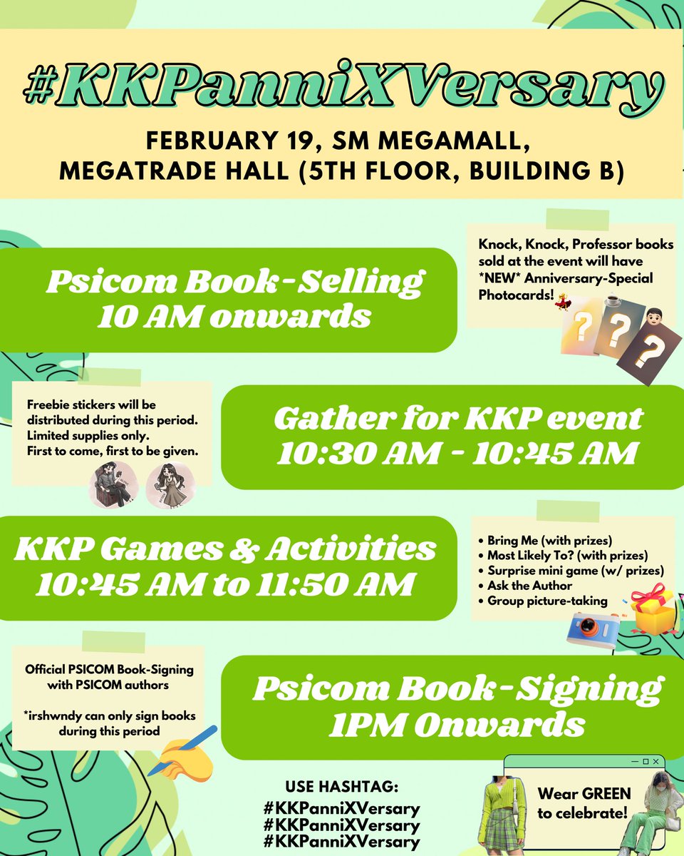 irshwndy's tweet photo. Details for the #KKPanniXVersary event on Feb 19 at SM Megamall are NOW OUT! 🤩 Games, prizes, freebies, picture-taking, special photocards, and lots of fun activities await on Knock, Knock, Professor's first-ever anniversary✨ See you, Windies 👋🍃 #KKPanniXVersary https://t.co/n9xhZi87NT