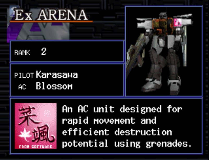 In Armored Core 1 the Karasawa was the strongest beam weapon in the game
It was named after the producer of the game

Flashforward to Master of Arena and there is a secret arena where you can fight Fromsoft employees one of which is the man himself 
Who doesnt use the Karasawa...