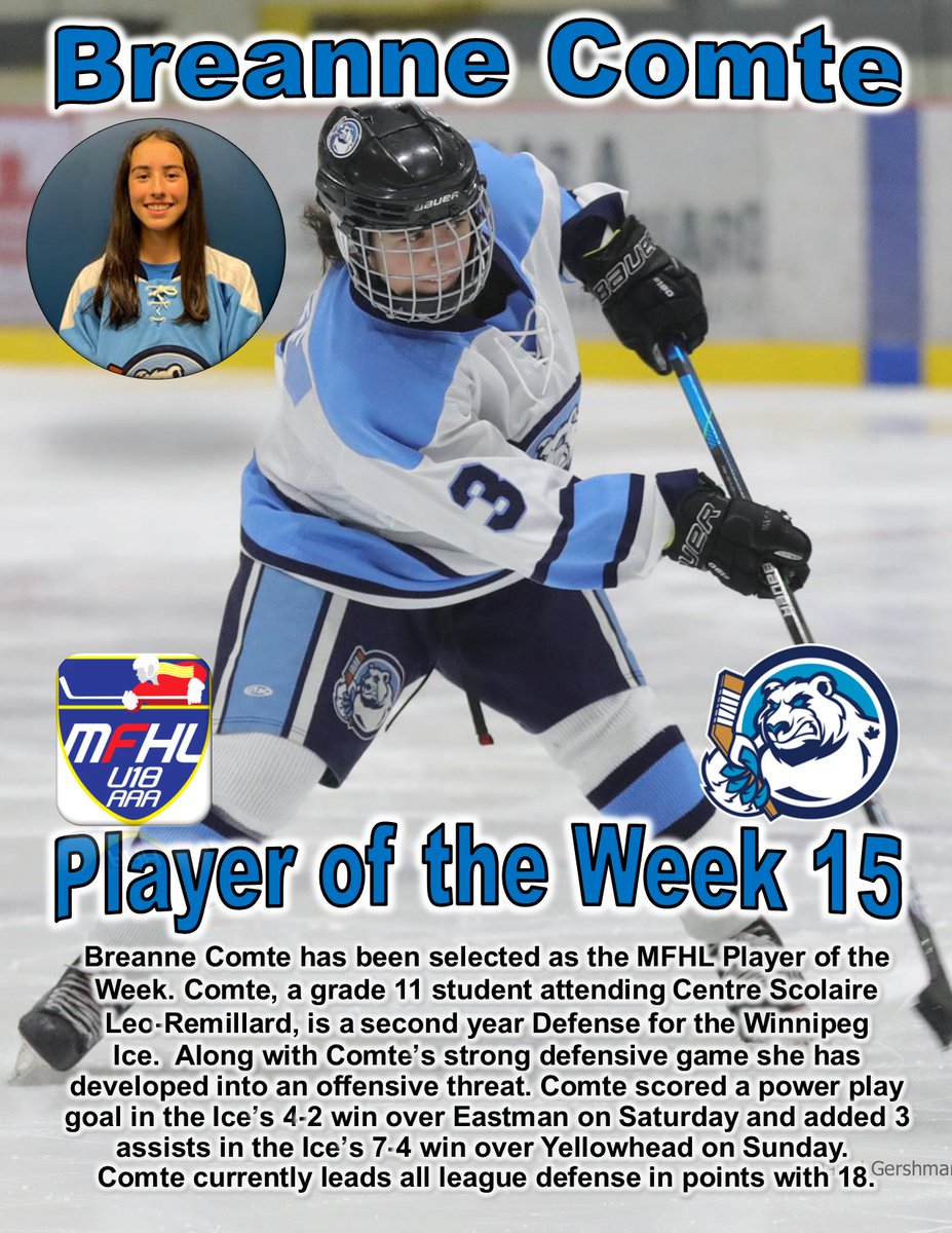 MFHLU18AAA's tweet photo. Week 15 Awards - @WinnipegIceAAA &amp; @Eastmanfemale Grunewald selected. @CPFemaleU18 @U18BoltsAAAF @femalepvhawks @westmanAAA @WinnipegAvros @YHChiefs @hockeymanitoba @GameOnHockey @staylorsports @CBrooksie84 @darryl_gershman @JuniorNightMB @mikegerl CONGRATS! #theplacetoplay https://t.co/z9UqhvBM3F