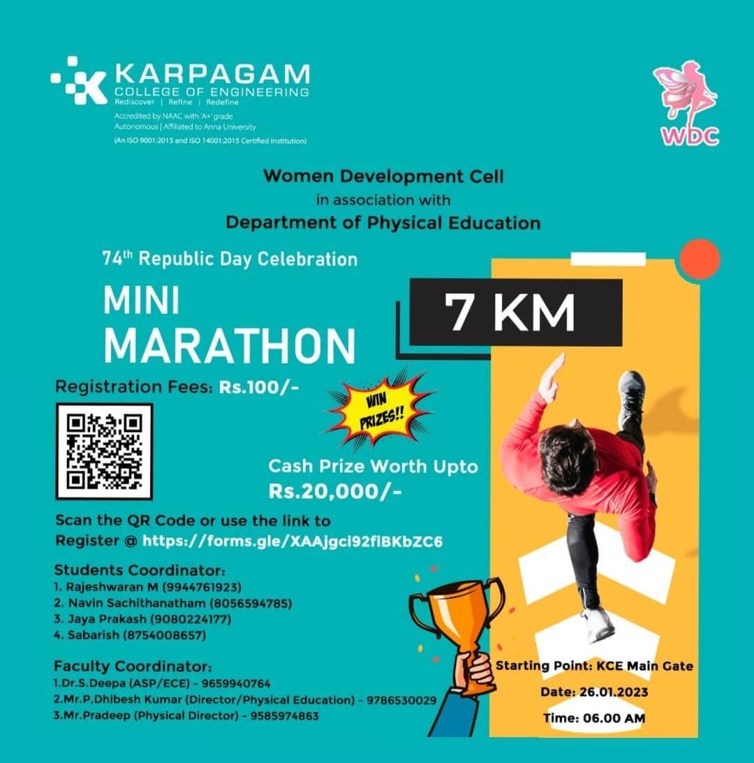 wekceians's tweet photo. Women Development Cell in association with the Department of Physical Education is conducting a Mini Marathon of 7kms to commemorate our 74th Republic Day on 26th January starting from KCE Main Gate at 6 AM. 

#womendevelopmentcell #physicaleducation #minimarathon #74RepublicDay https://t.co/QWnWI5kcP1