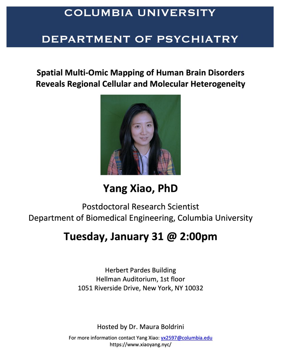 I'm excited to present "Spatial Multi-Omic Mapping of Human Brain Disorders Reveals Regional Cellular and Molecular Heterogeneity" at The Columbia University Department of Psychiatry <a href="/ColumbiaPsych/">Columbia Psychiatry</a>. Please save the date: Tuesday Jan. 31 @ 2:00 PM.

<a href="/theleonglab/">The Leong Lab</a> <a href="/ColumbiaBME/">Columbia BME</a>