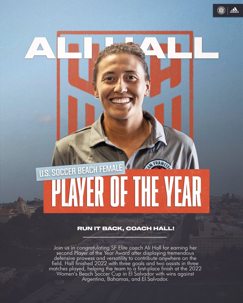 San Francisco Elite SC (@sfelitesc) on Twitter photo Extra, extra! Read all about it: SF Elite coach Ali Hall goes back-to-back like Jordan â96-â97 in being named <a href="/ussoccer_ENT/">U.S. Soccer Extended National Teams</a> Beach Female Player of the Year! What a tremendous honor this is for Ali and we couldnât be more proud of her.
#ForTheBay | #SiempreComoUno Extra, extra! Read all about it: SF Elite coach Ali Hall goes back-to-back like Jordan â96-â97 in being named <a href="/ussoccer_ENT/">U.S. Soccer Extended National Teams</a> Beach Female Player of the Year! What a tremendous honor this is for Ali and we couldnât be more proud of her.
#ForTheBay | #SiempreComoUno