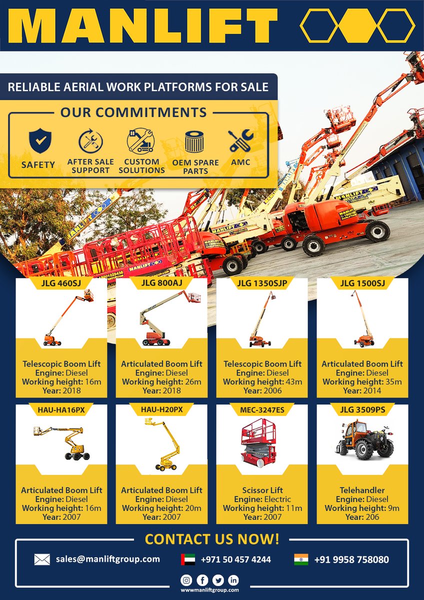 manliftgroup's tweet photo. Used Aerial Work Platforms at #Manlift
Our sales specialists are here to support you through your purchase journey and post-purchase with annual maintenance plans.
Start your purchase journey now: https://t.co/bRQIUzN7YT
#accessplatforms #aerialworkplatforms #workatheight https://t.co/U5oXbPREgX