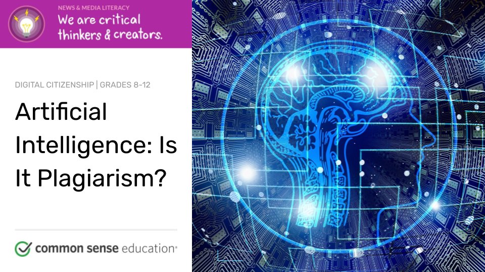 slandete's tweet photo. MS/HS Teachers: This is a lesson plan to discuss AI plagiarism by @CommonSenseEd - worth a look! https://t.co/1hYN4a9ial  #ChatGPT #AIEthics https://t.co/whHGKfSlhv