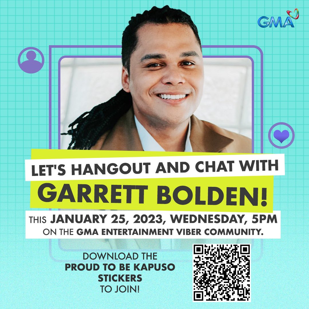 GMASingers's tweet photo. #GMASingers: Join Kapuso Soul Balladeer #GarrettBolden (@GarrettBoldenjr) in his Viber Chat session on the GMA Entertainment Viber Community this afternoon at 5PM! 🤩

See you, Kapuso!

Join #GMAViberCommunity HERE: https://t.co/E1sWTATb8n https://t.co/iqJnvUx5Kx