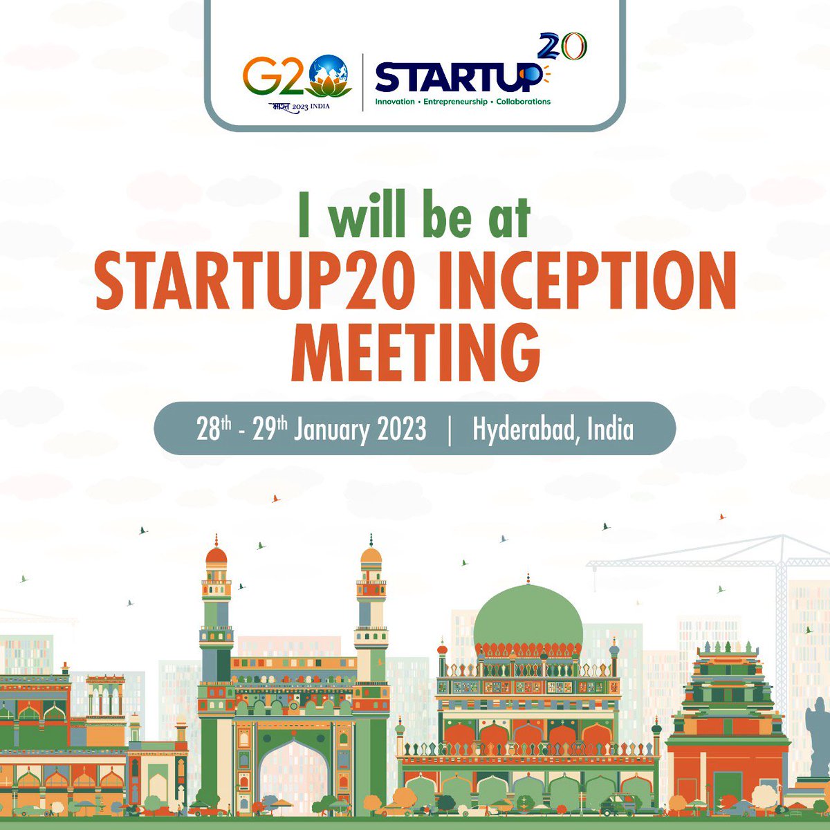 I will be at <a href="/Startup20org/">Startup20</a> Inception Meeting on 28th January 2023, Hyderabad, India
#Startup20india is a newly initiated engagement group under India <a href="/G20/">G20</a> Presidency which aspires to enable the global startup ecosystem.
Join me in the startup movement of the year!