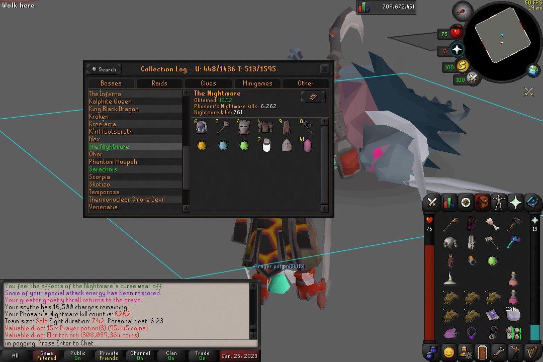 im_pogging's tweet image. nightmare log done, 1x pet, 1x mace, 1x plateskirt from normals, rest from phosanis