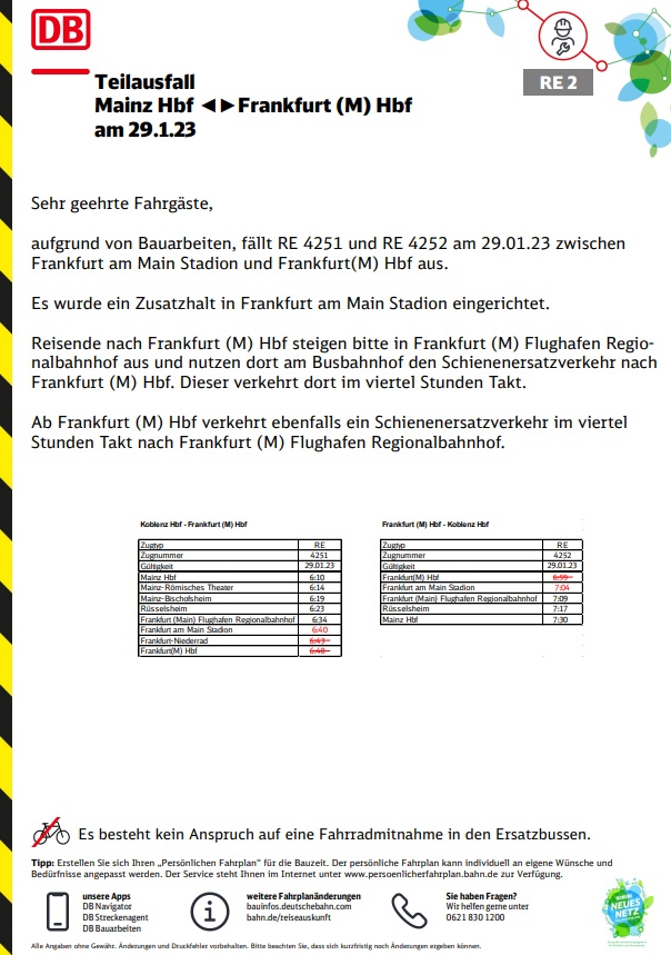 Regio_Mitte's tweet photo. #RE2 #Bauarbeiten am 29.01.2023
#MainzHbf <-> #FrankfurtMainHbf
#Teilausfall #Zusatzhalt
Mehr Infos: ⬇️ https://t.co/4twPQE8hn4