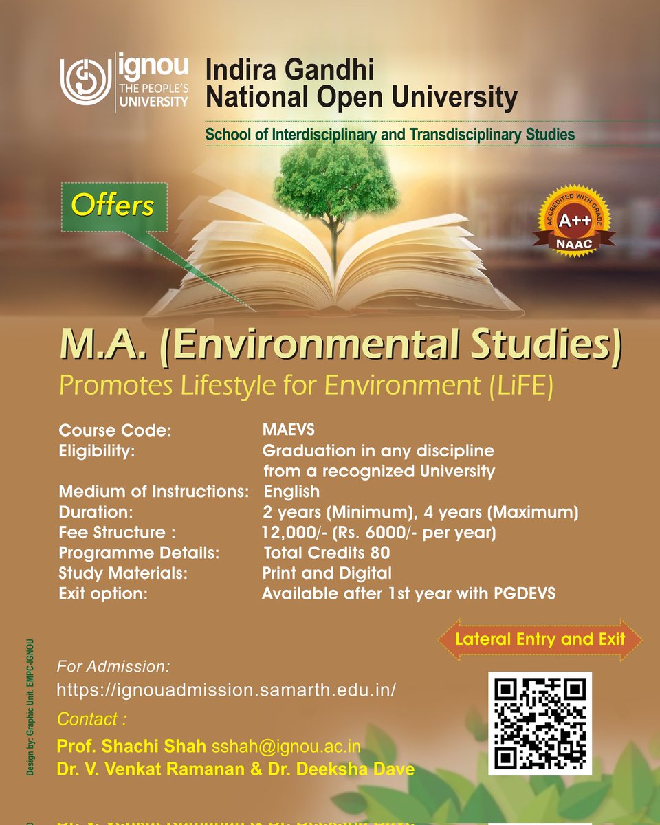 Indira Gandhi National Open University has launched MA (Environmental Studies) Programme from January 2023 session.  For more details, please refer to the IGNOU Common Prospectus. The
admission link is 
ignouadmission.samarth.edu.in