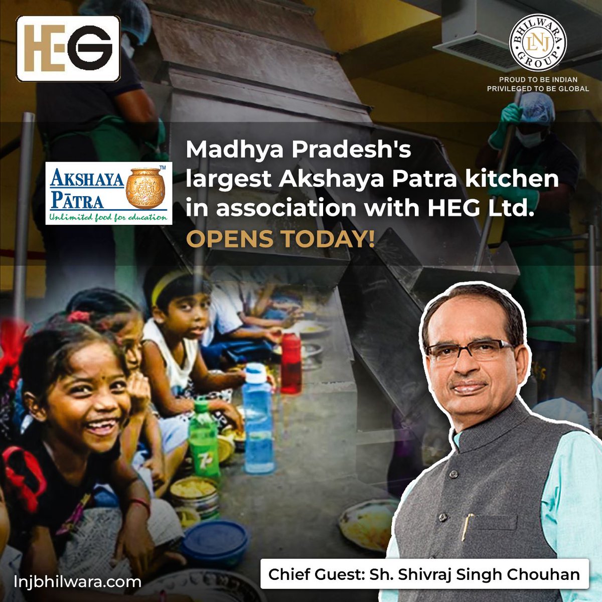 lnjbhilwara's tweet photo. HEG Ltd launched Madhya Pradesh's largest kitchen in partnership with @AkshayaPatra today to support the midday meal program!
Inaugurated by Honb'l Chief Minister @ChouhanShivraj and CMD Mr. Ravi Jhunjhunwala, the kitchen will provide fresh meals to 50,000 students every day! https://t.co/calhpYwqaO