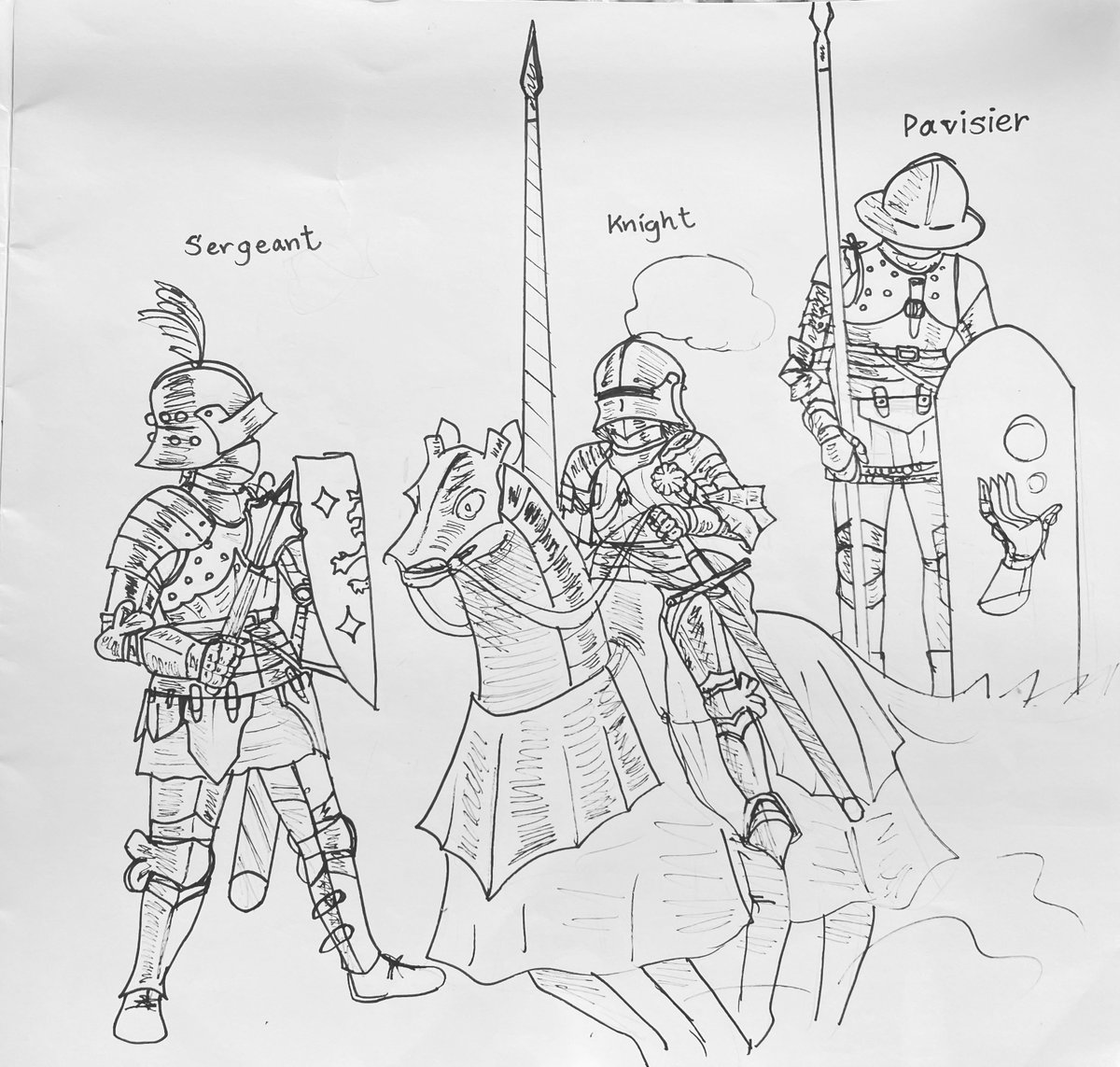 Leonaise soldiers and knight 
1. Sergeant - professional heavy infantry
2.Knight - aristocratic heavy cavalry
3. Pavisier - heavy spearman

#knight #medievalsoldier #medievalknight #medievalfantasy #fantasy #fantasyart #drawing #worldbuilding