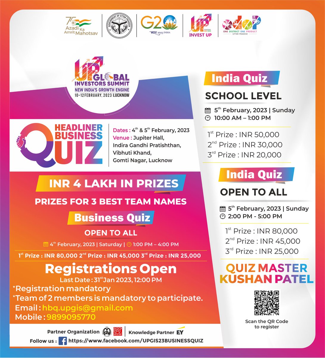 uptourismgov's tweet image. The #UPGlobalInvestorsSummit's The Headliner #BusinessQuiz is just a few days hence! Prizes worth ₹4 lakhs are awaiting. Have you registered yet?

Last Date to Register:  31st January, 2023 until 12 PM.
More details below.

#UPGIS2023 #UPNahiDekhaTohIndiaNahiDekha #UttarPradesh