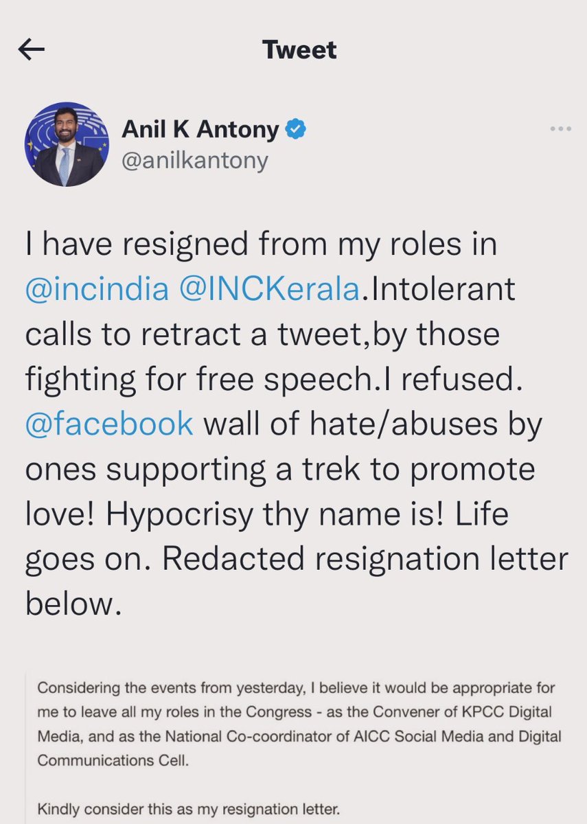 #AnilAntony (son of former Defence minister #AKAntony) Quits INC cites #Congress hypocrisy, says he was pressured and harassed for calling out BBC on their PM Modi documentary.