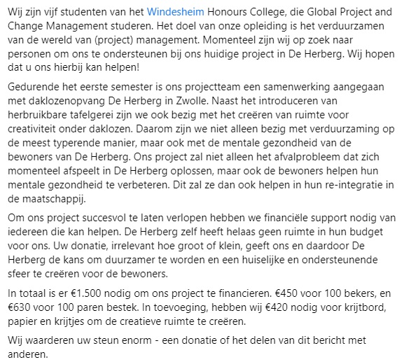 #daklozenopvang #integratie #afval #hulp #project <a href="/Windesheiminfo/">Hogeschool Windesheim (inactief)</a> 
Dit project zal niet alleen het afvalprobleem dat zich momenteel afspeelt in De Herberg oplossen, maar ook de bewoners helpen hun mentale gezondheid te verbeteren. 
gofund.me/4a5e3e4b