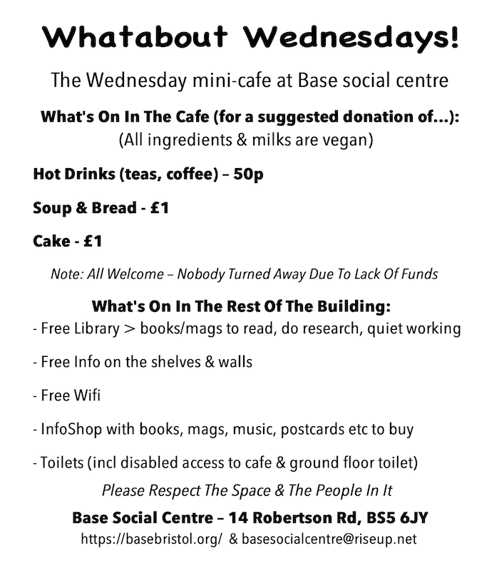 Down the cafe today for BASE's weekly vegan mini-cafe #WhataboutWednesdays 😋 from 11-5pm in #BS5.
Cheaper than chips & twice as healthy...with a hearty soup & bread, plus a luscious cake, and hot drinks (all free to #strikers & those who are skint).