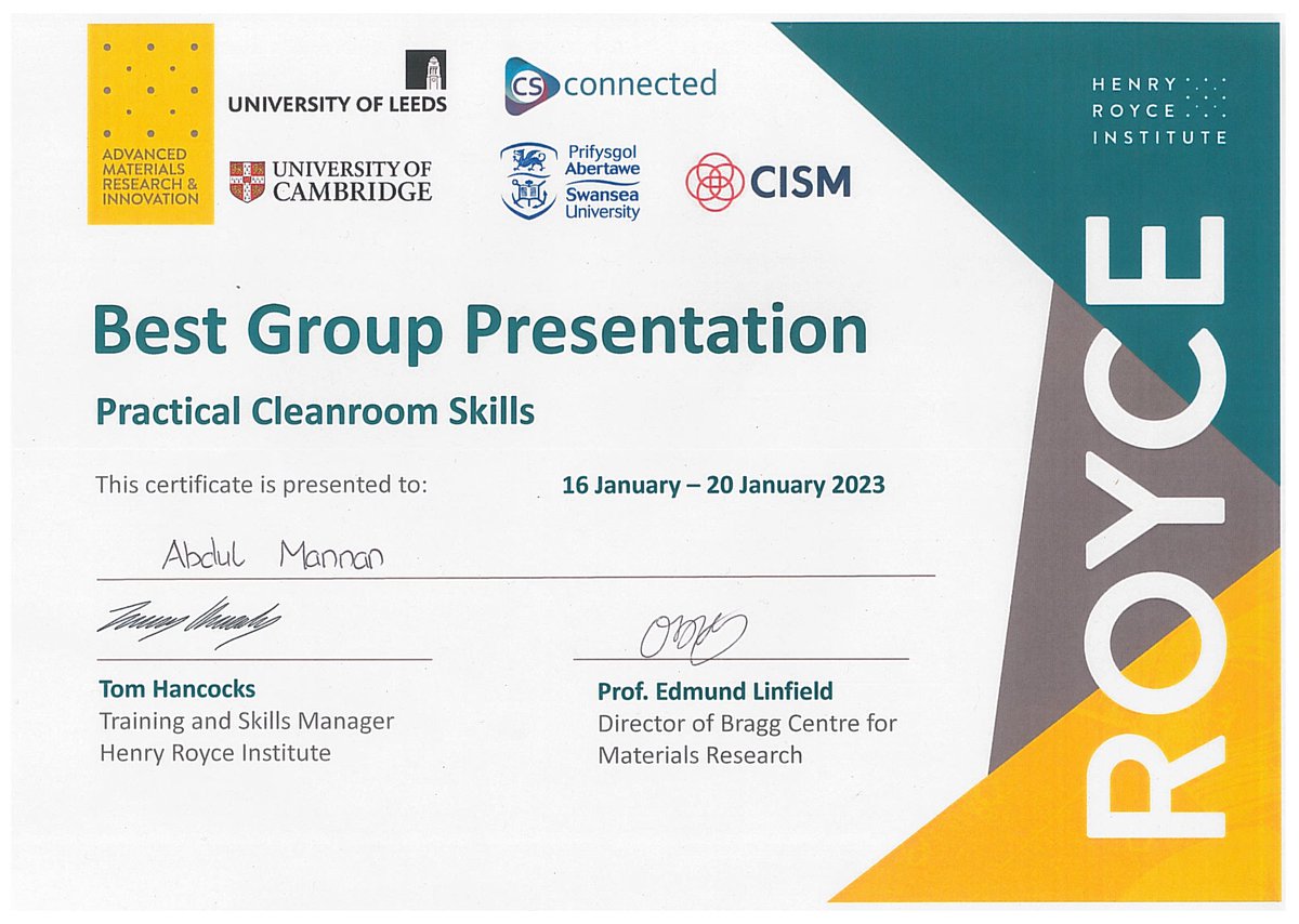 allthingsTHz's tweet photo. Congratulations! Our postdoc Mannan won best group presentation at @RoyceInstitute @BraggRoyceLeeds cleanroom training. 🎉🥳👏 https://t.co/t4XXW6NHuA