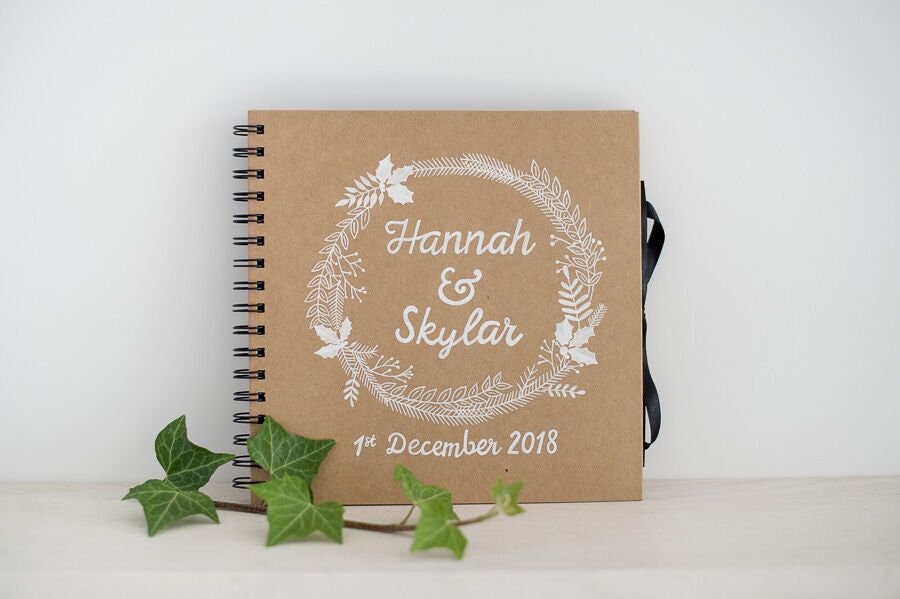 Personalised Wedding Guest Book, Christmas Wreath // White Leaves // hand lettered // calligraphy // leaf wreath tuppu.net/d39d40b3 #Wedding #Bridetobe #Etsy #weddingsignage #HoneywellWeddings #rusticwedding #WinterWedding