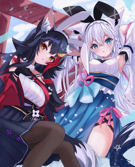 和装×バニーのフブミオ#絵フブキ #みおーん絵 