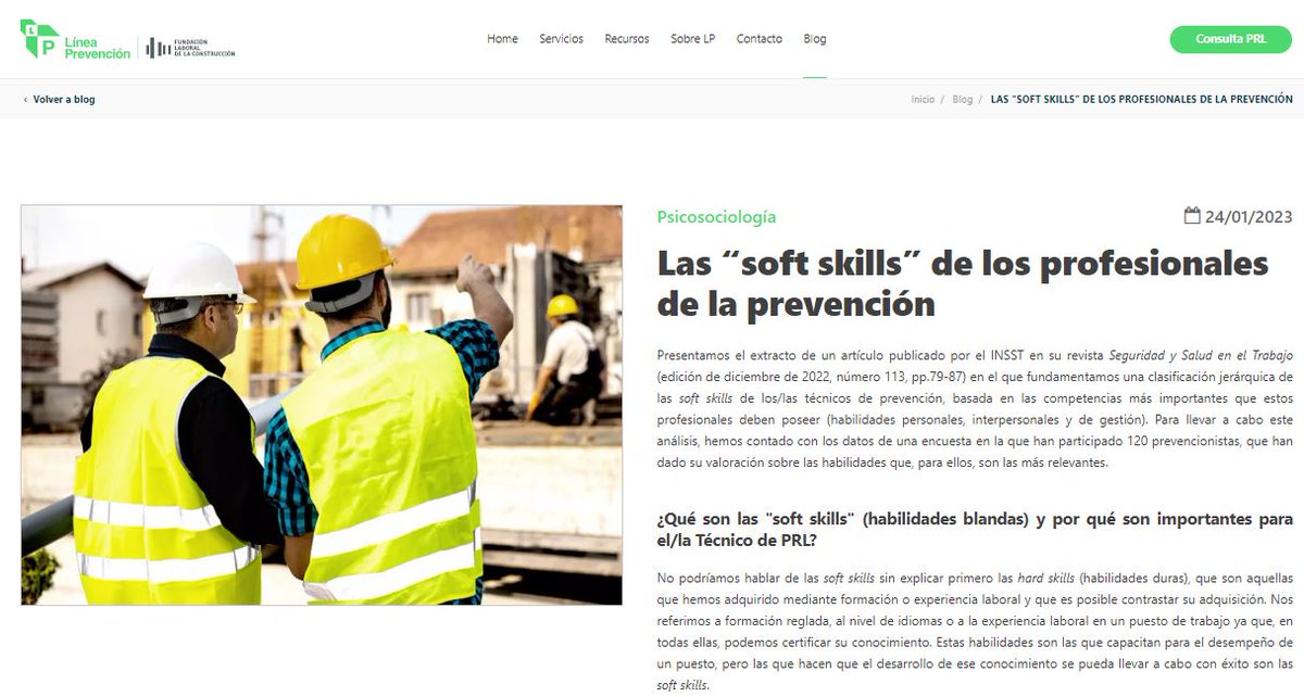 FLC_Prevencion's tweet photo. En el último número de su revista, @INSST_MITES_GOB publica un artículo elaborado por personal técnico de prevención de FLC, en el que se analizan las "soft skills" de los profesionales de la #prl. 
Te lo cuentan en una nueva entrada en nuestro blog
👉https://t.co/S0jUCkhv4P https://t.co/2lMBKUfYGv