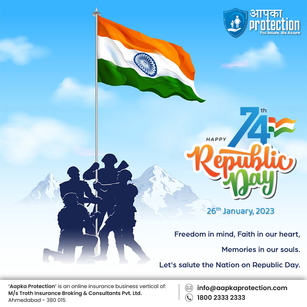 AapkaProtection's tweet photo. Freedom in the mind, strength in the words, pureness in our blood, pride in our souls, zeal in our hearts. Let's salute our India on Republic Day. Happy Republic Day!

#26thJanuary #74threpublicday #Constitution #insurancebroker #aapkaprotection #trothinsurance https://t.co/LGmh3ZHaLp