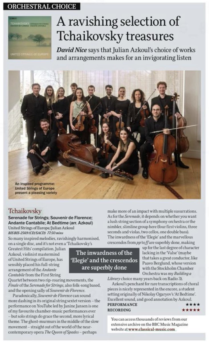 UnitedStringsEU's tweet photo. Chuffed our new album ‘#Tchaikovsky’ out on @BIS_records is ‘Orchestral Choice’ in this month’s BBC @MusicMagazine
‘Ravishing…inspired…invigorating’ - ⭐️⭐️⭐️⭐️⭐️
Many thanks to @therowellster and #MatthewBennett and 📷@dimitri_djuric
#new #inspiring #classical #russian #music https://t.co/0pmMLifjVi