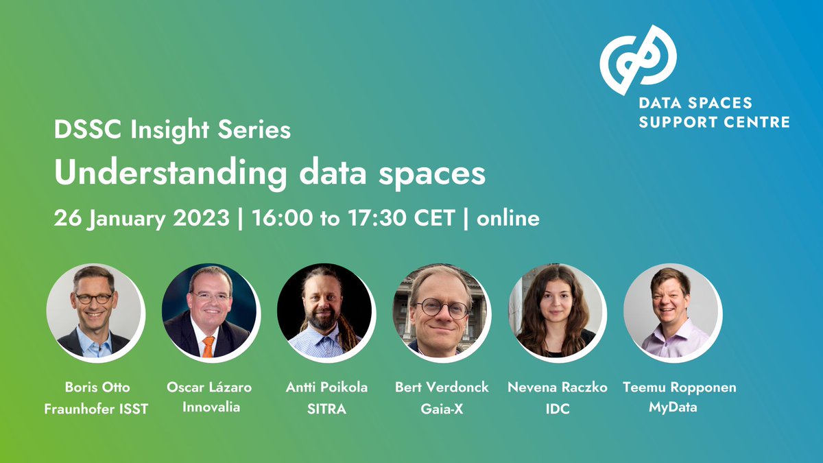 The second #DataSpacesSupportCentre webinar will be tomorrow! 
Join the #DSSC Insights Series to experience the activities and scope of the Data Space Support Centre that is aimed at initiatives and companies that want to create sovereign data spaces!
zoom.us/webinar/regist…