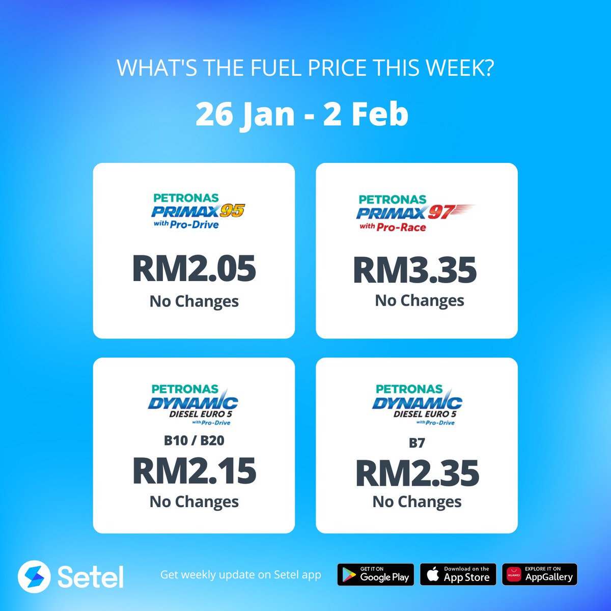 setel's tweet photo. ⛽ No changes in fuel price this week! Get updates directly from the Setel app!
#PayWithSetel a min. of RM40 on fuel per transaction at PETRONAS or spend a minimum of RM10 at Kedai Mesra for a chance to win grand prizes and also monthly prizes! https://t.co/BtFcktQkbR