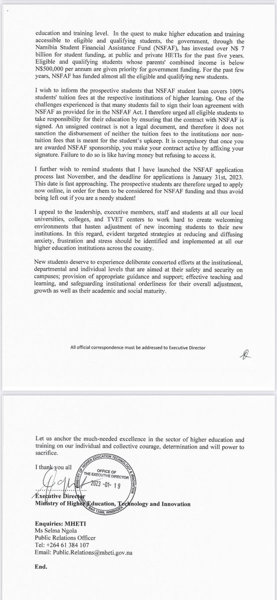 higher_na's tweet photo. Statement by the Honourable Minister Dr. Itah Kandjii-Murangi on the commencement of the 2023 academic year of Higher Education and Training Institutions. https://t.co/lGtF2inTq8