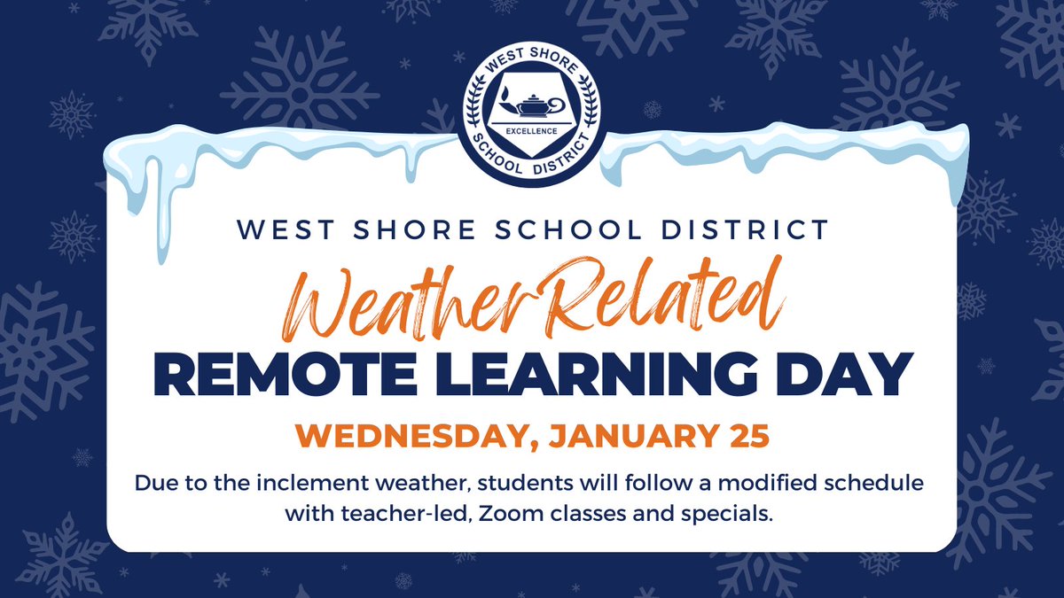 WestShoreSD's tweet image. Today's decision was a difficult one due to the timing of the inclement weather predicted. With the safety of our students and staff in mind, we will utilize remote learning today, Wednesday, January 25. Visit our website for additional information.