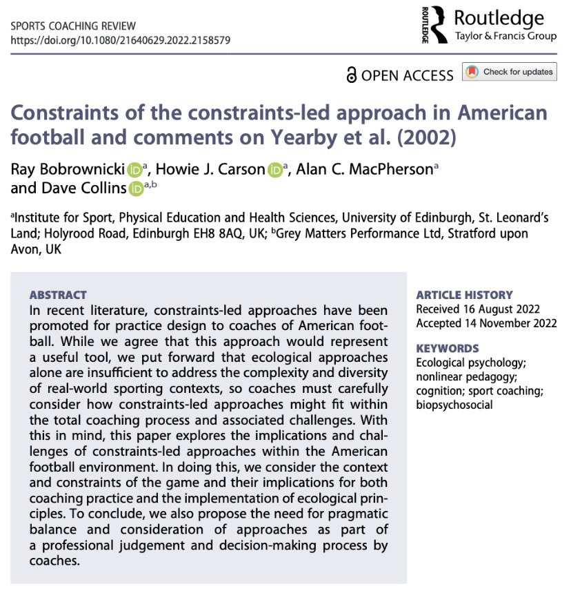 Hot off the press! Ray Bobrownicki￼, Howie J. Carson￼, Alan C. MacPherson &amp; Dave Collins’ paper is available open access <a href="/tandfsport/">Routledge Sport, Leisure, and Tourism</a>;

‘Constraints of the constraints-led approach in American football and comments on Yearby et al. (2002)’

doi.org/10.1080/216406…