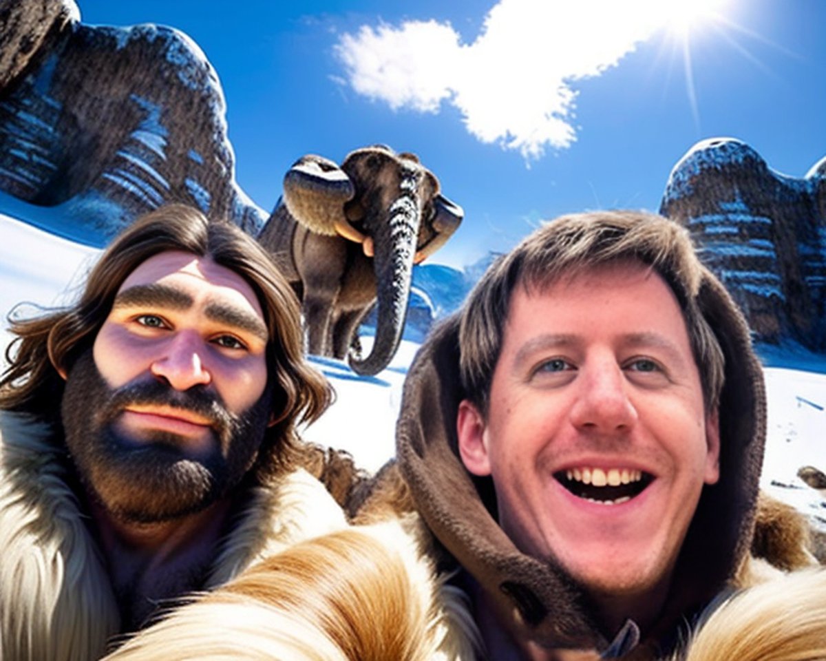 mattgrabner's tweet photo. Zeitreise geht weiter... gerade Selfie mit Ug dem Neandertaler bei der Mammutjagd gemacht! 🦣 #Eiszeit #Neandertaler #Mammutjagd #Zeitreise #Stelfie #Abenteuer #Geschichte #AIArt #stablediffusion https://t.co/AKt8MEvZTI