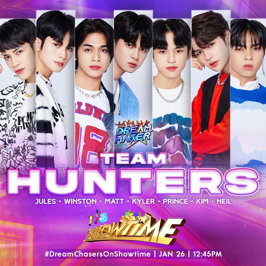 DreamMakerOfc's tweet photo. Pinoy Dreamers at Madlang People! Abangan ang Team Hunters; Jules, Winston, Matt, Kyler, Prince, Kim, and Neil, sa It's Showtime BUKAS 12:45PM! 💜🧡 #DreamChasersOnShowtime https://t.co/CcD7LWl7BT