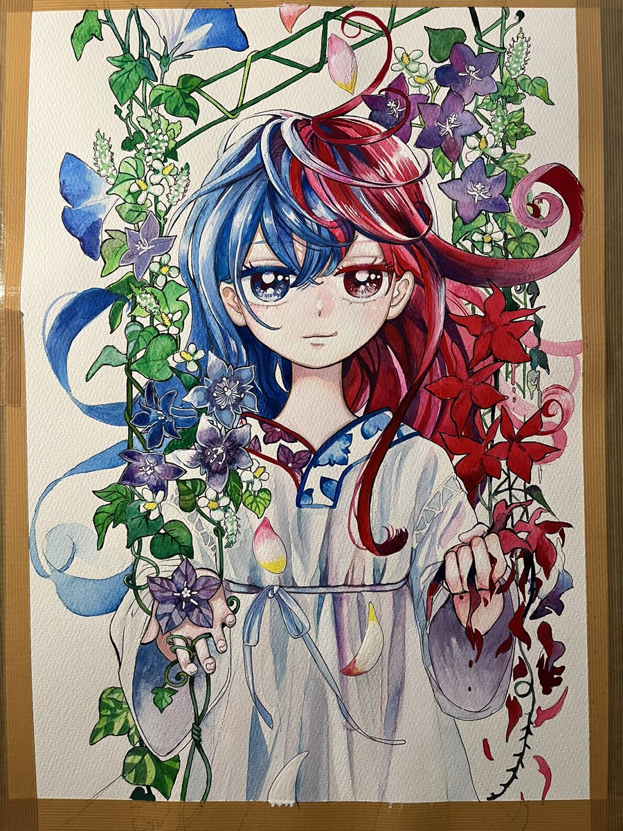 1girl flower solo heterochromia blue hair traditional media red eyes  illustration images