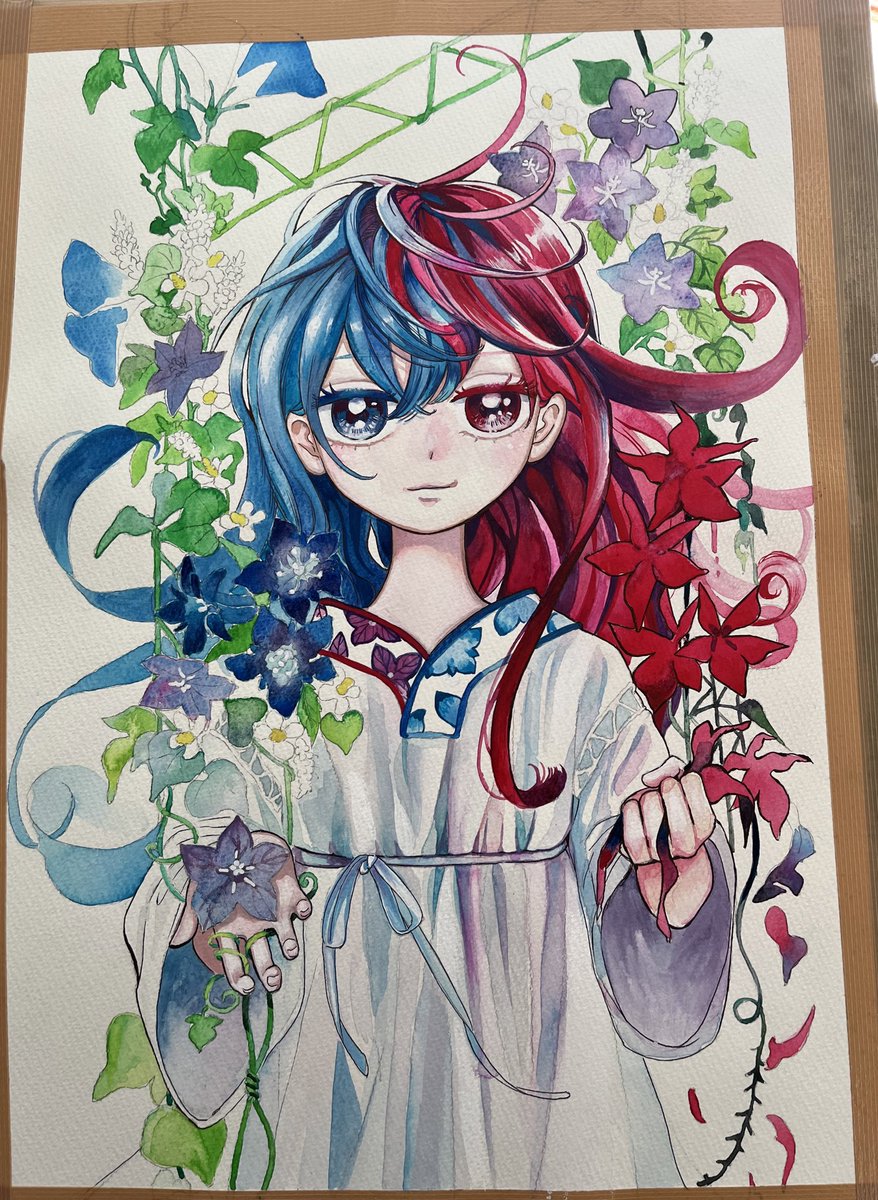 1girl flower solo heterochromia blue hair traditional media red eyes  illustration images