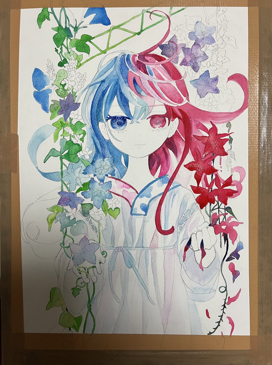 1girl flower solo heterochromia blue hair traditional media red eyes  illustration images