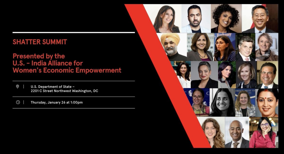 StateDept's tweet photo. On January 26, at 1 p.m. EST, join @stategwi, @state_sca, and #USIndia Alliance @shatterfund to hear about ways the U.S. and India are collaborating to promote women’s economic security. #ShatterSummit Visit https://t.co/yoiZQJdrWv https://t.co/U27frCBDXz