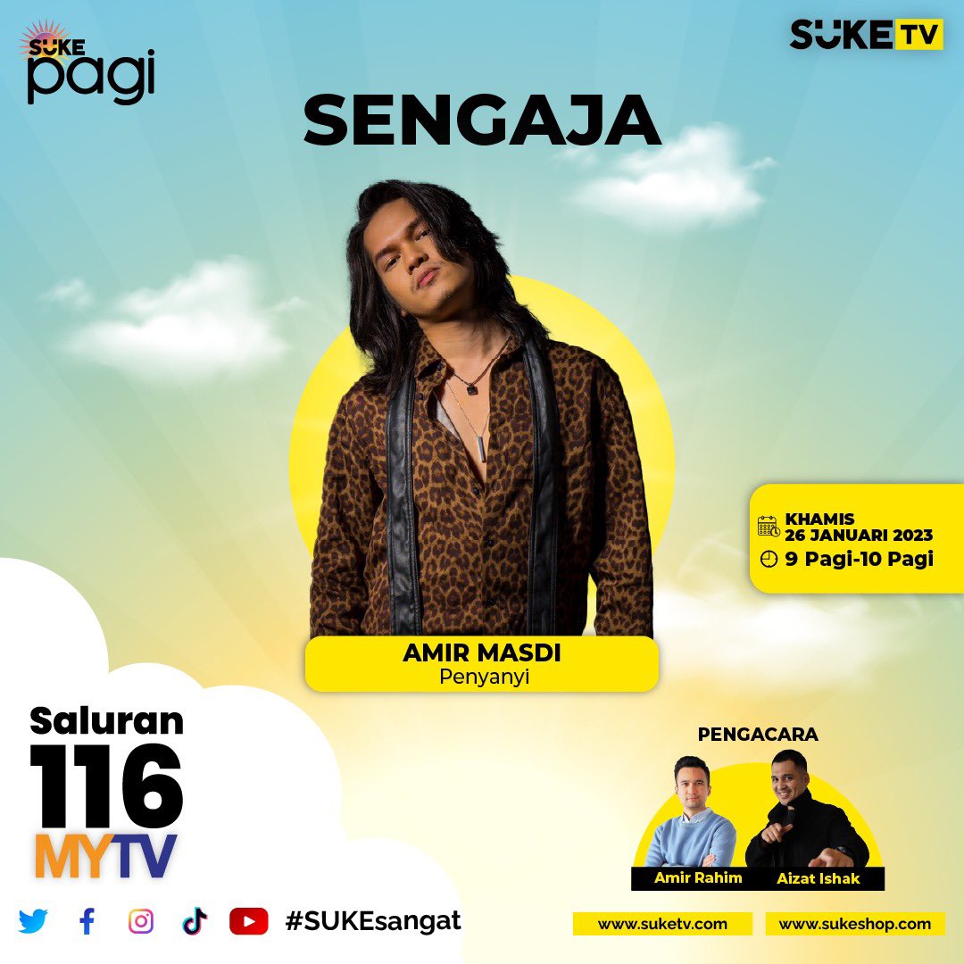 amirizwanrahim's tweet photo. Kita ada juara #AF2016 di Suke Pagi! @Amir_Masdi akan belanja lagu terbarunya #Sengaja. ๐ค๐ต
๐๏ธ 26 Jan
๐ 9am - 10am
๐บ Ch 116 - @mytvbroadcasti1
๐ https://t.co/QNB09uEU2s
Live stream - https://t.co/8jpO1qLsJo
#sukepagi #suketv #sukesangat https://t.co/cei61y7BfH