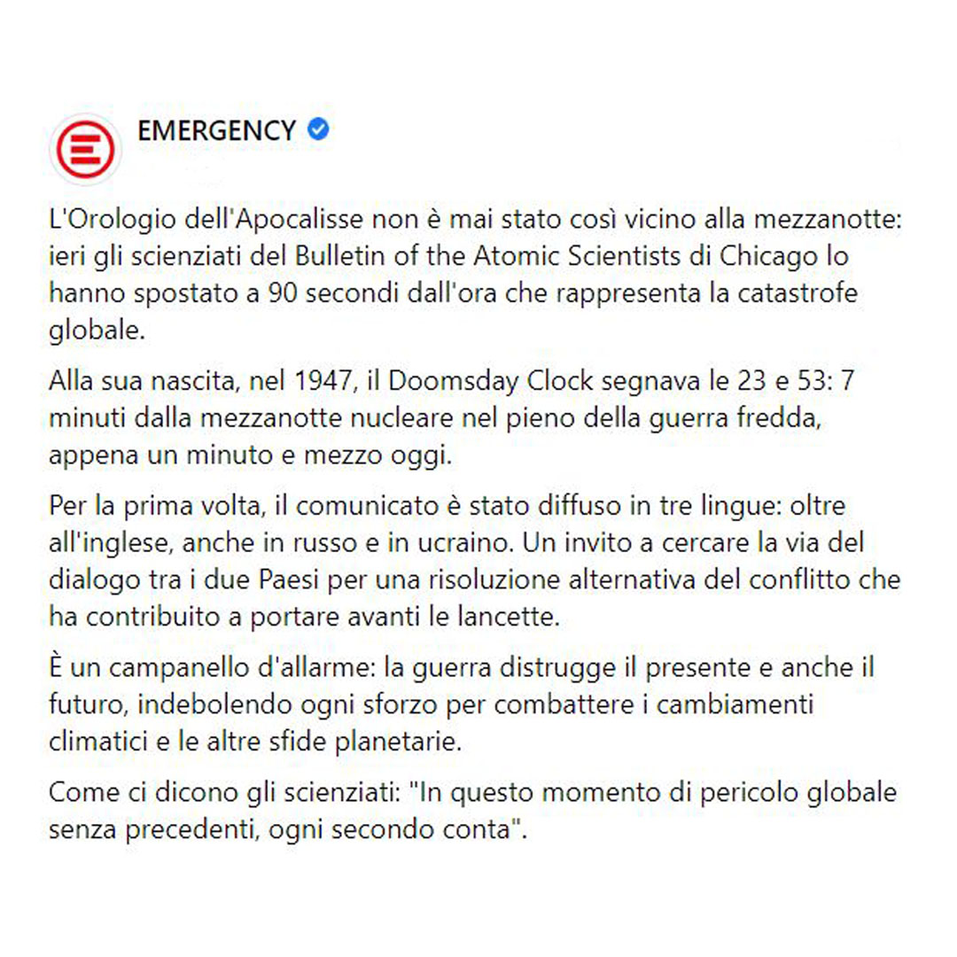 emergency_ong's tweet photo. #OrologiodellApocalisse mai così vicino alla mezzanotte: solo 90 secondi dalla catastrofe globale.

Un campanello d'allarme: la #guerra distrugge il presente e il futuro, indebolendo ogni sforzo per #cambiamenticlimatici e sfide planetarie.

#DoomsdayClock #90SecondsToMidnight https://t.co/7sGFoi09HJ