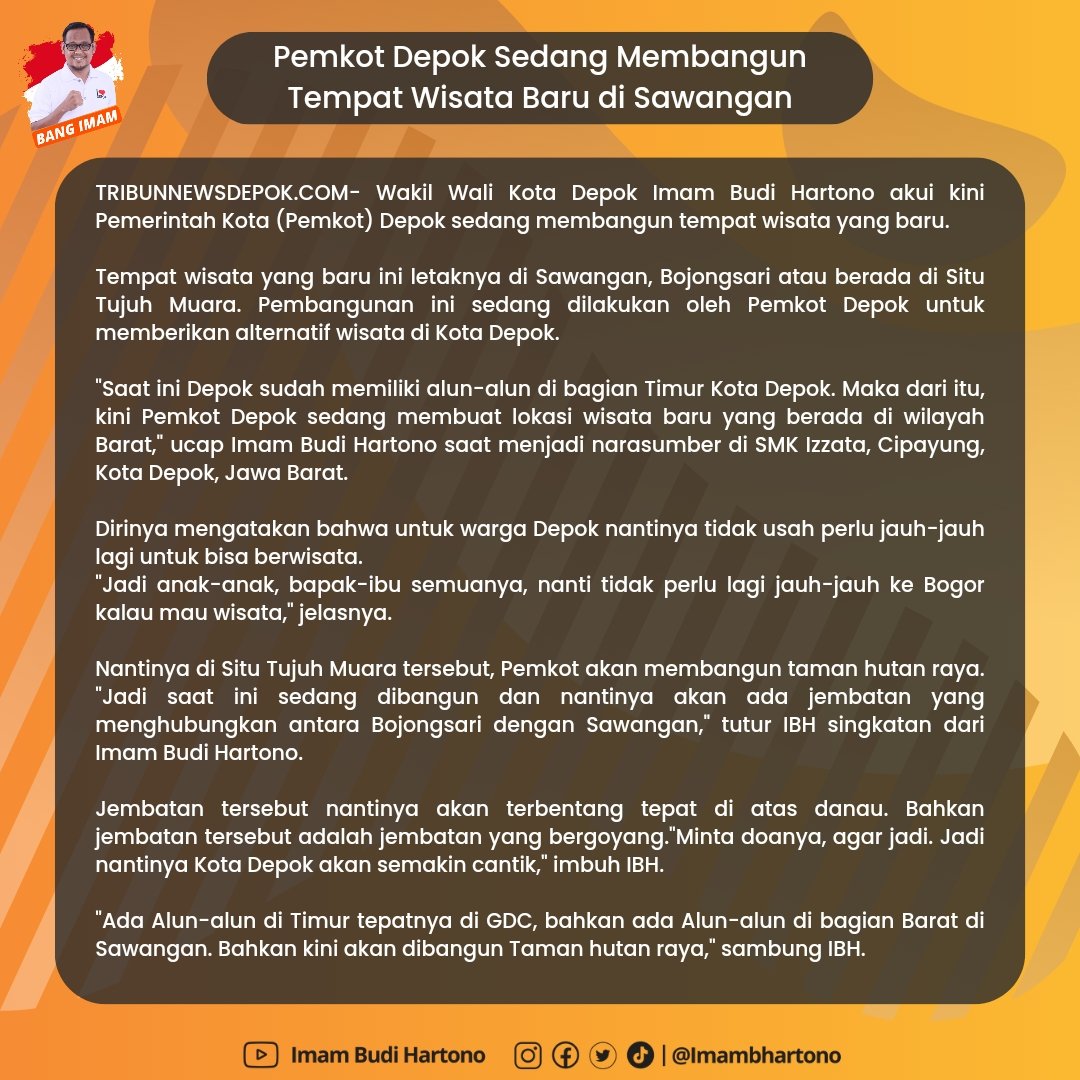 ImamBHartono's tweet photo. Saat ini Depok sudah memiliki alun-alun di bagian Timur Kota Depok. Maka dari itu, kini Pemkot Depok sedang membuat lokasi wisata baru yang berada di wilayah Barat.
#alunalunbarat #tamanhutanraya #situtujuhmuara #kotadepok #ibh #bangimam #wakilwalikotadepok https://t.co/ooIVg2x6Aa