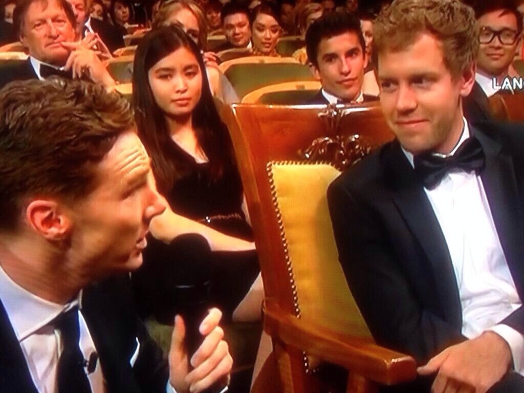 sebbeeprix's tweet photo. Sebastian Vettel, Marc Marquez, and Benedict Cumberbatch in one frame doesn't happen every day. https://t.co/R5PVYSEKip