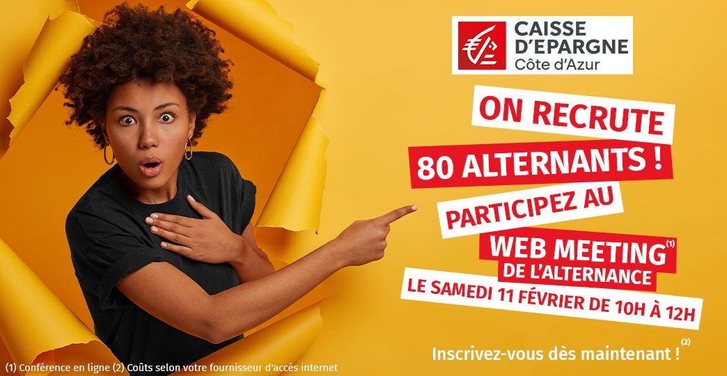 📣 Vous cherchez une alternance dans le 83 ou le 06 ? Ne ratez pas notre Webmeeting de l'alternance ! 💼

Nous recrutons 80 #alternants !
RDV le Samedi 11 février à 10h00 📅

🔗 Inscrivez-vous dès maintenant via ce lien : app.livestorm.co/cecaz-1/webmee…  👀

#Alternance #Recrutement