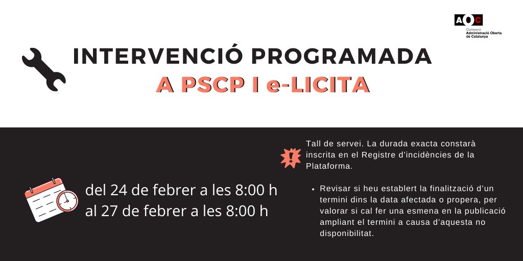 Suport_AOC's tweet image. ❗🔊Intervenció programada al servei #PSCP i #eLICITA per la qual quedaran interromputs.
⌛ del 24 de febrer a les 8 h fins al dilluns 27 de febrer a les 8h
Recomanem valorar si esmenar ampliant terminis a causa d’aquesta no disponibilitat

aoc.cat/estatserveis/?…